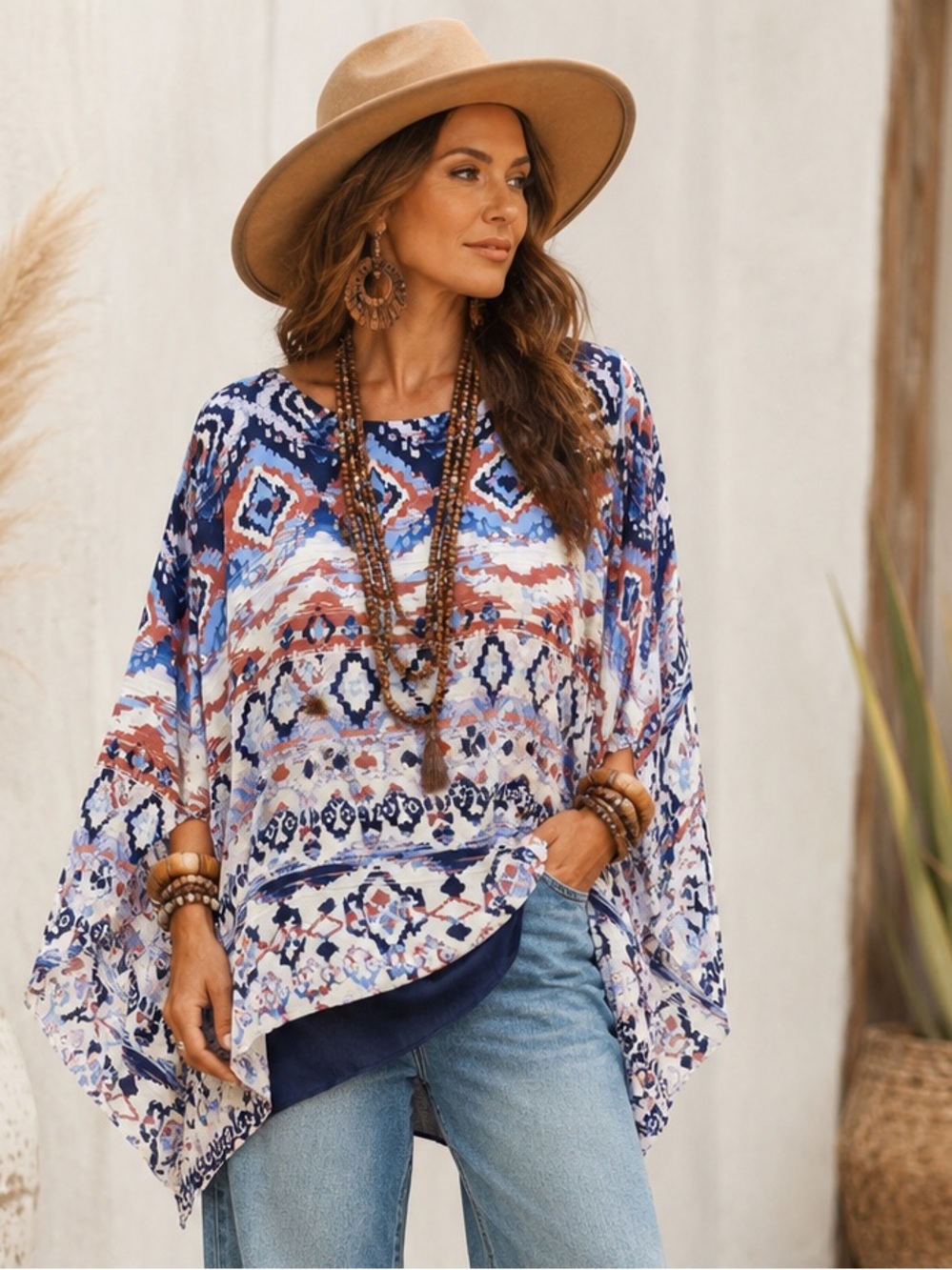 New Directions Boho Layered Tunic Blouse Size L Blue Pink Abstract Print